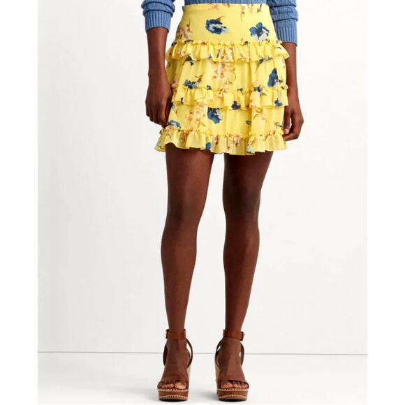 Ralph Lauren Ruffled Tiered Georgette Floral Mini Skirt Yellow 8 - Picture 1 of 7